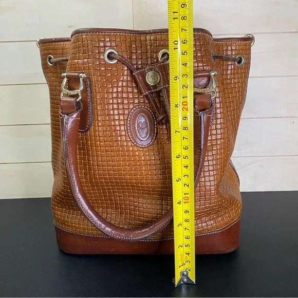 Vintage Pollini Purse Woven Italian Leather Tote Shoulder Bag Brown Brass - Picture 8 of 10